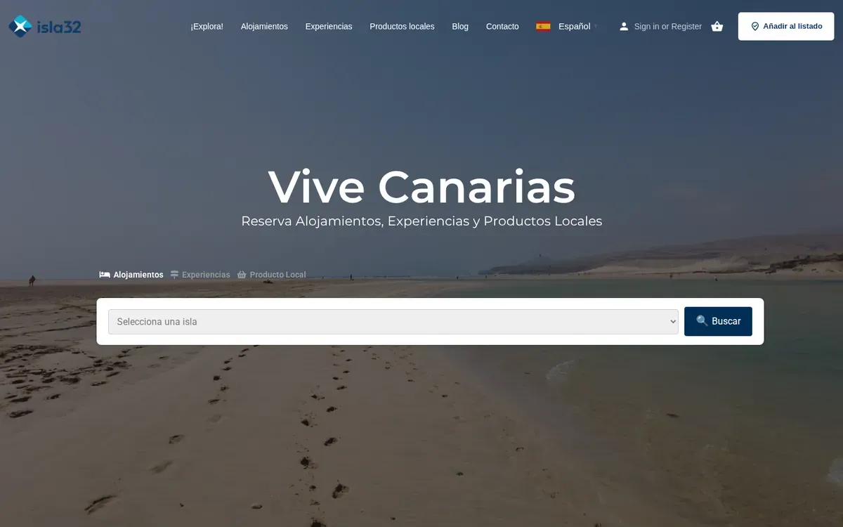 Portada de Isla32 con el buscador de alojamientos, experiencias y producto local
