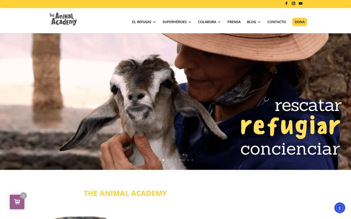 Portada de The Animal Academy con el lema rescatar, refugiar, concienciar